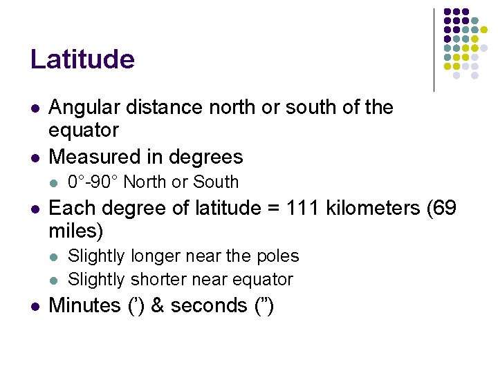 Latitude l l Angular distance north or south of the equator Measured in degrees