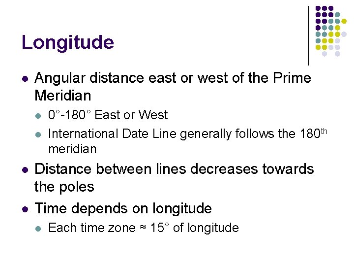 Longitude l Angular distance east or west of the Prime Meridian l l 0°-180°