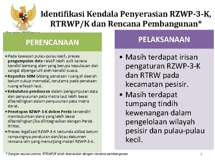 Identifikasi Kendala Penyerasian RZWP-3 -K, RTRWP/K dan Rencana Pembangunan* Kementerian PPN/Bappenas PELAKSANAAN PERENCANAAN •