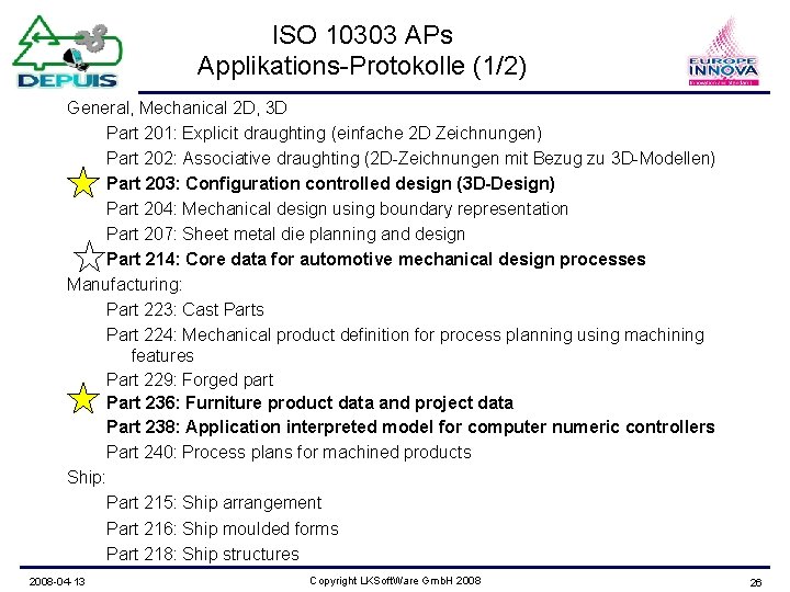 ISO 10303 APs Applikations-Protokolle (1/2) General, Mechanical 2 D, 3 D Part 201: Explicit
