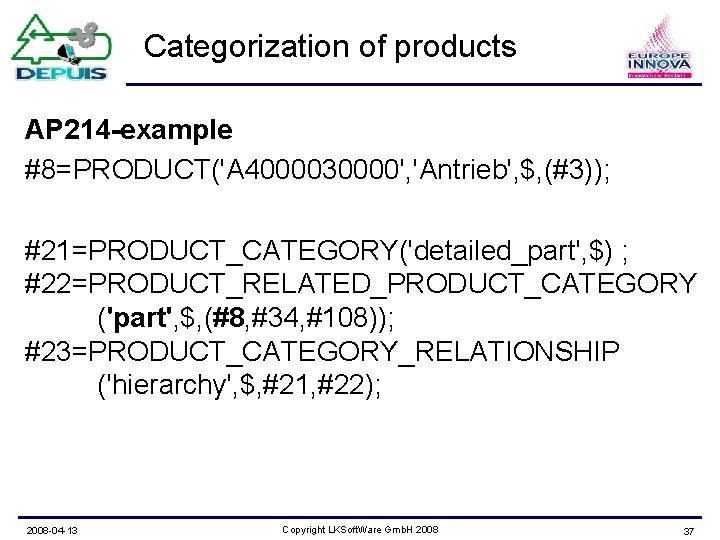 Categorization of products AP 214 -example #8=PRODUCT('A 4000030000', 'Antrieb', $, (#3)); #21=PRODUCT_CATEGORY('detailed_part', $) ;