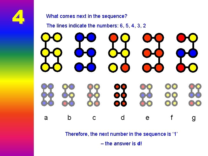 4 What comes next in the sequence? The lines indicate the numbers: 6, 5,