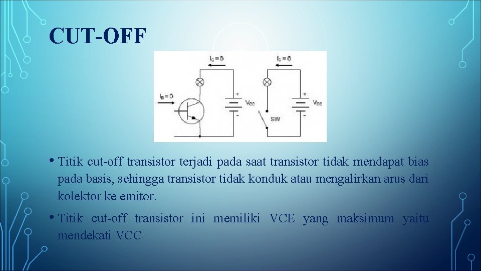 CUT-OFF • Titik cut-off transistor terjadi pada saat transistor tidak mendapat bias pada basis,