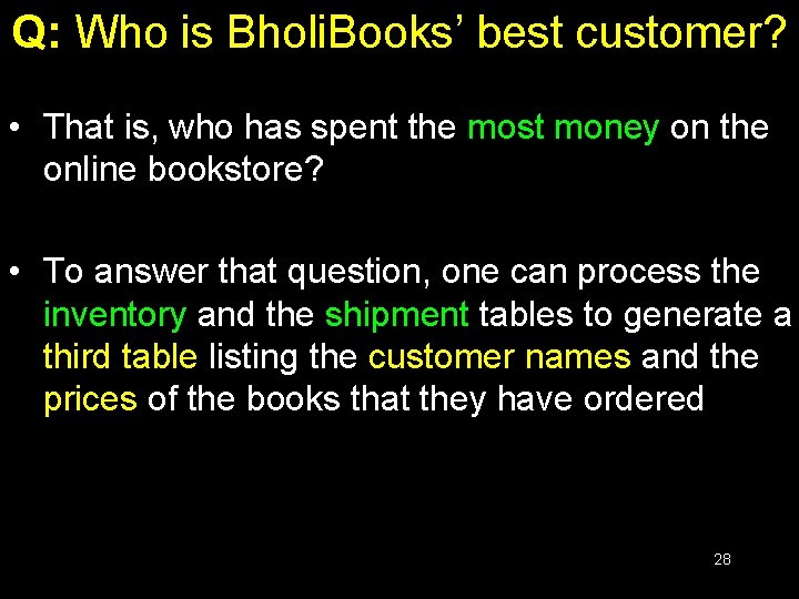 Q: Who is Bholi. Books’ best customer? • That is, who has spent the