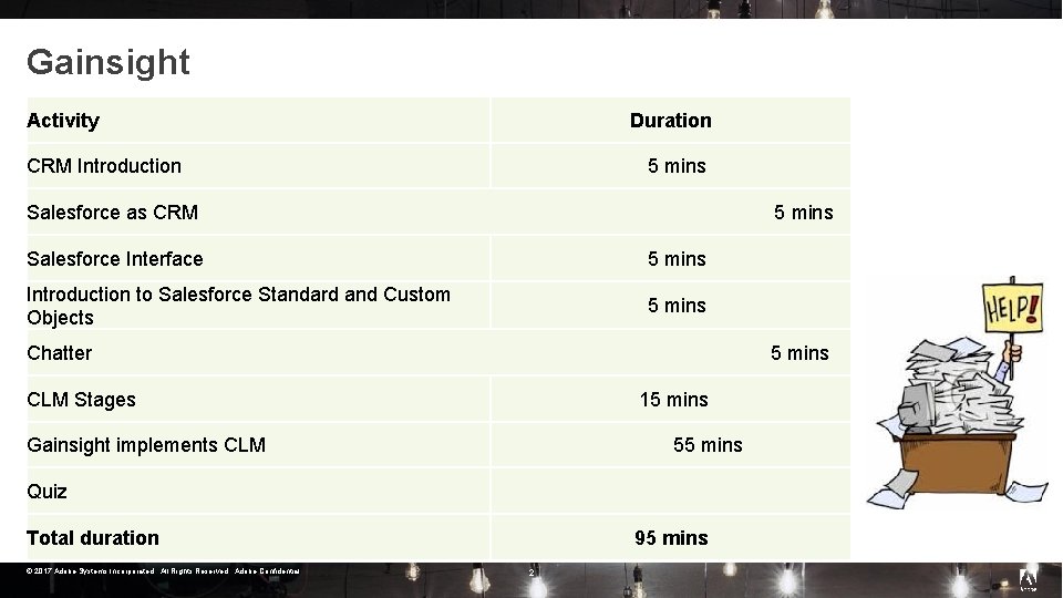 Gainsight Activity Duration CRM Introduction 5 mins Salesforce as CRM 5 mins Salesforce Interface