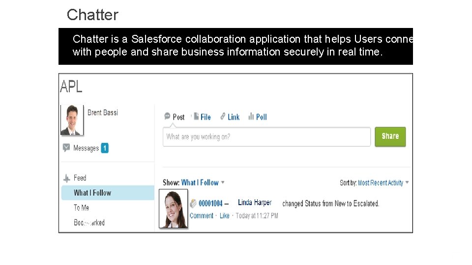 Chatter is a Salesforce collaboration application that helps Users connect with people and share