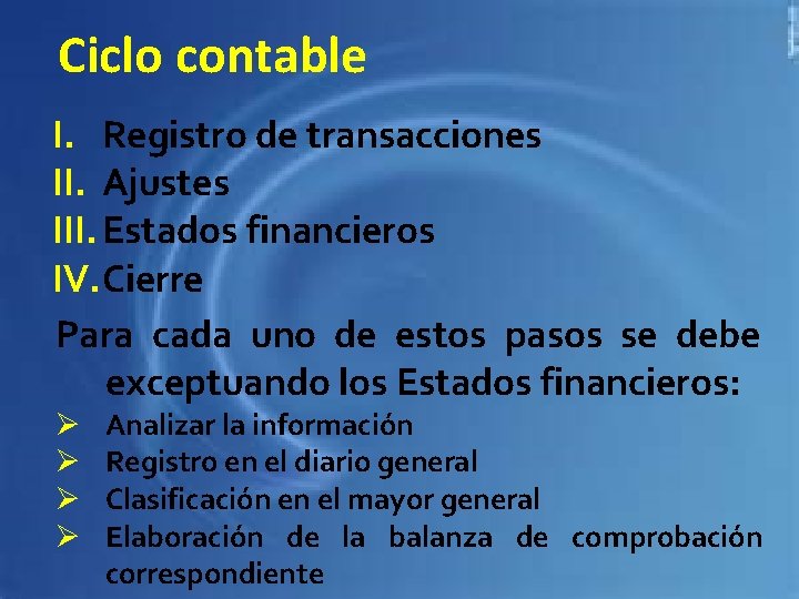 Ciclo contable I. Registro de transacciones II. Ajustes III. Estados financieros IV. Cierre Para