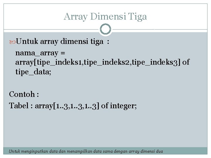Array Dimensi Tiga Untuk array dimensi tiga : nama_array = array[tipe_indeks 1, tipe_indeks 2,