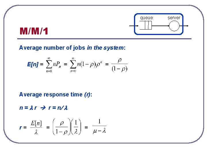 queue M/M/1 Average number of jobs in the system: E[n] = = = Average