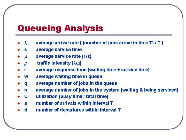 Queueing Analysis l s m l l l l l r w q n