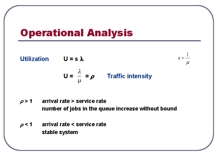 Operational Analysis Utilization U=s U= = Traffic intensity >1 arrival rate > service rate