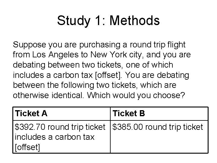 Study 1: Methods Suppose you are purchasing a round trip flight from Los Angeles