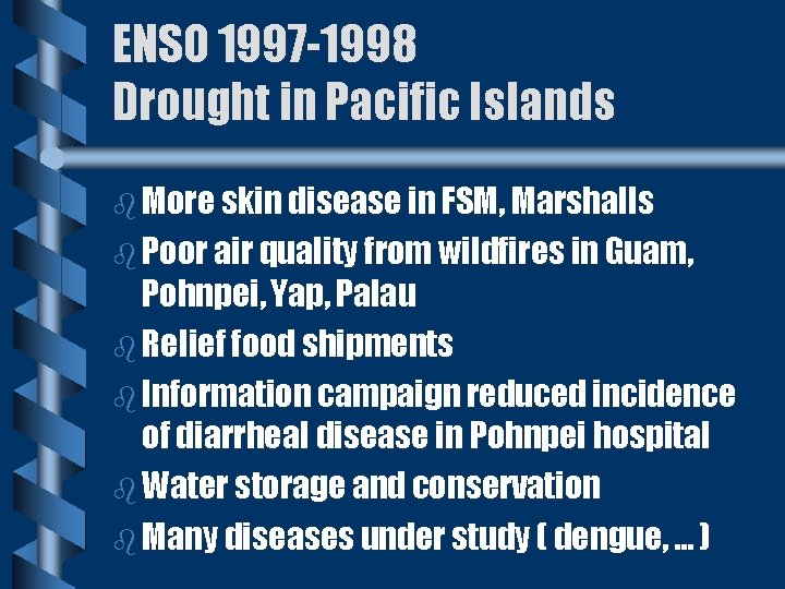 ENSO 1997 -1998 Drought in Pacific Islands b More skin disease in FSM, Marshalls