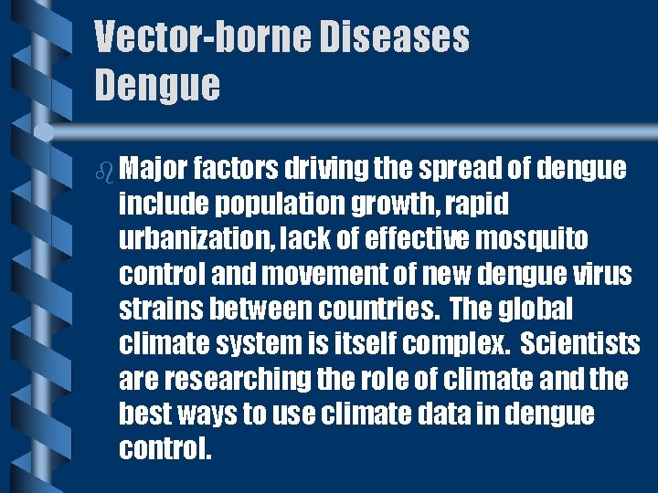 Vector-borne Diseases Dengue b Major factors driving the spread of dengue include population growth,