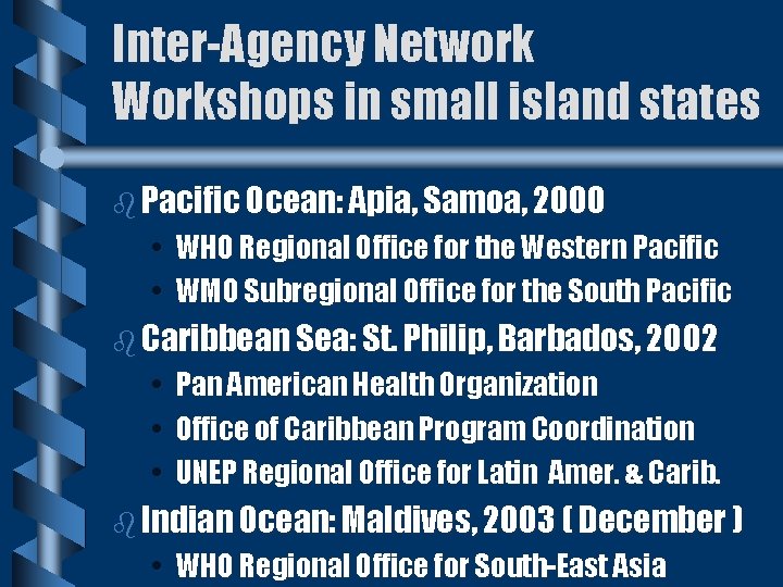 Inter-Agency Network Workshops in small island states b Pacific Ocean: Apia, Samoa, 2000 •