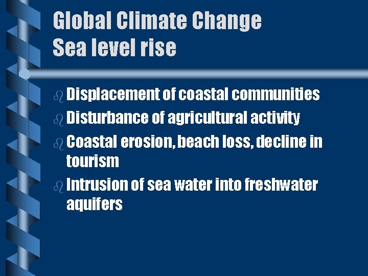 Global Climate Change Sea level rise b Displacement of coastal communities b Disturbance of