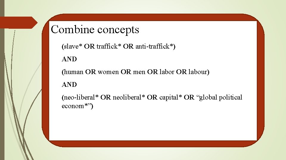 Combine concepts (slave* OR traffick* OR anti-traffick*) AND (human OR women OR labor OR