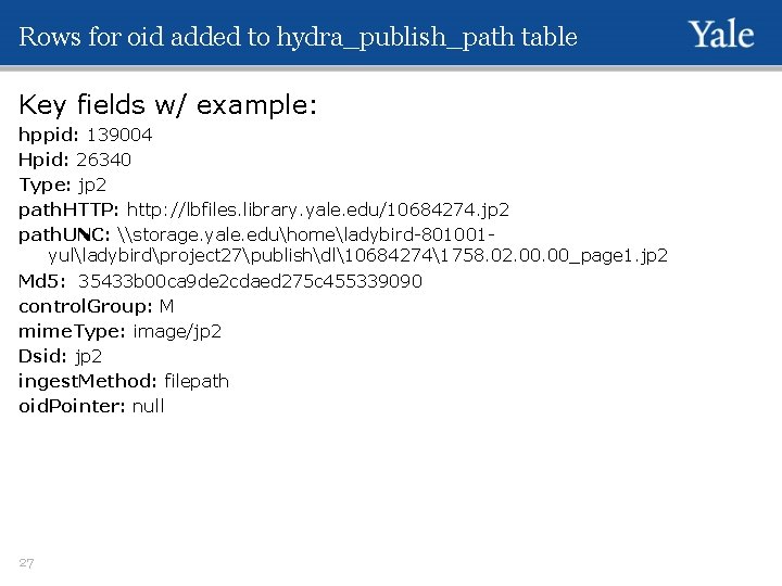 Rows for oid added to hydra_publish_path table Key fields w/ example: hppid: 139004 Hpid: