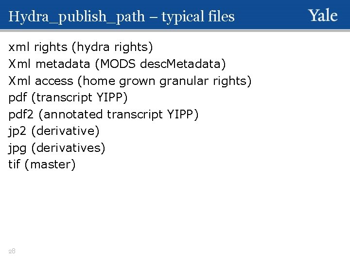 Hydra_publish_path – typical files xml rights (hydra rights) Xml metadata (MODS desc. Metadata) Xml