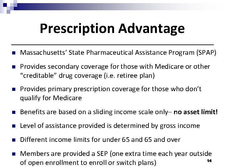 Prescription Advantage n Massachusetts’ State Pharmaceutical Assistance Program (SPAP) n Provides secondary coverage for