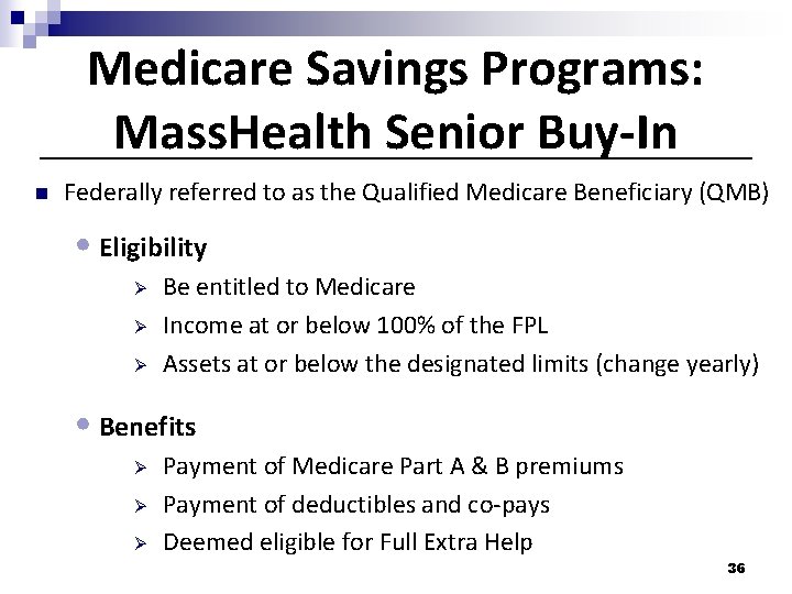 Medicare Savings Programs: Mass. Health Senior Buy-In n Federally referred to as the Qualified