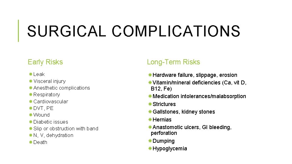 SURGICAL COMPLICATIONS Early Risks Long-Term Risks Leak Visceral injury Anesthetic complications Respiratory Cardiovascular DVT,