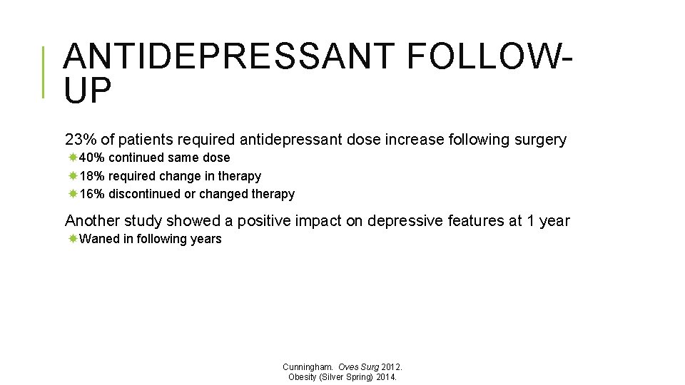 ANTIDEPRESSANT FOLLOWUP 23% of patients required antidepressant dose increase following surgery 40% continued same