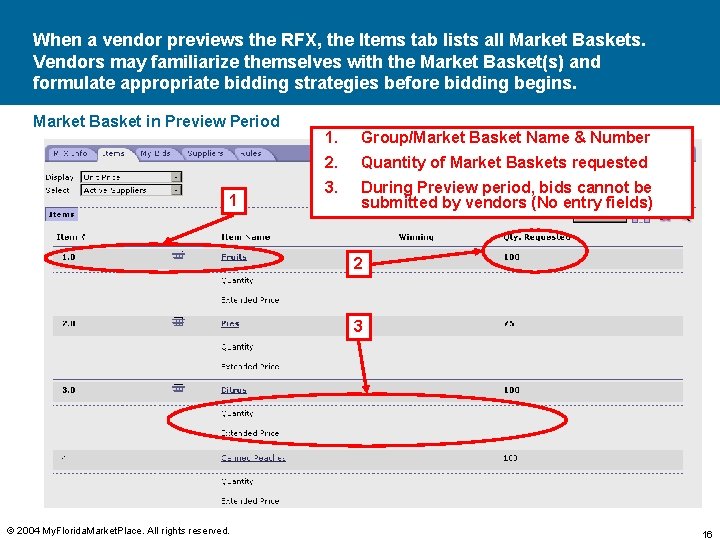 When a vendor previews the RFX, the Items tab lists all Market Baskets. Vendors