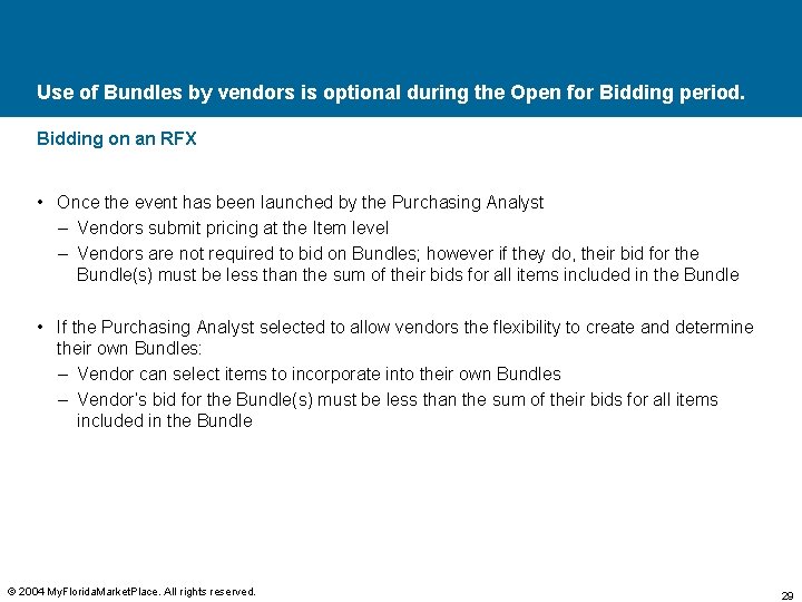 Use of Bundles by vendors is optional during the Open for Bidding period. Bidding