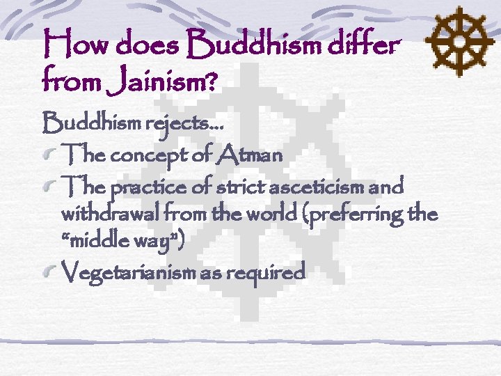 How does Buddhism differ from Jainism? Buddhism rejects… The concept of Atman The practice