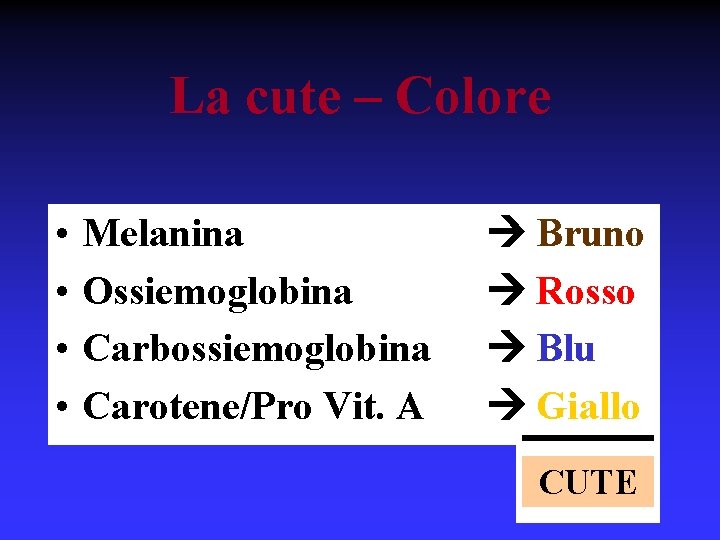 La cute – Colore • • Melanina Ossiemoglobina Carbossiemoglobina Carotene/Pro Vit. A Bruno Rosso