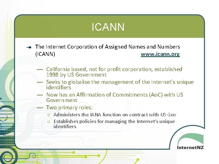 ICANN The Internet Corporation of Assigned Names and Numbers (ICANN) www. icann. org —