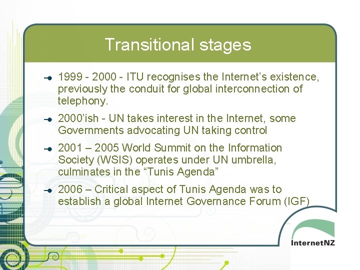 Transitional stages 1999 - 2000 - ITU recognises the Internet’s existence, previously the conduit