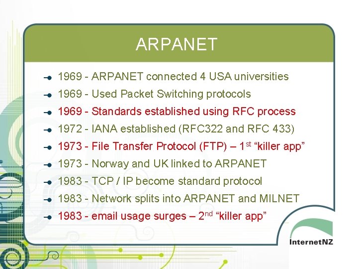 ARPANET 1969 - ARPANET connected 4 USA universities 1969 - Used Packet Switching protocols