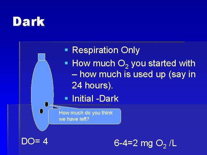 Dark § Respiration Only § How much O 2 you started with – how