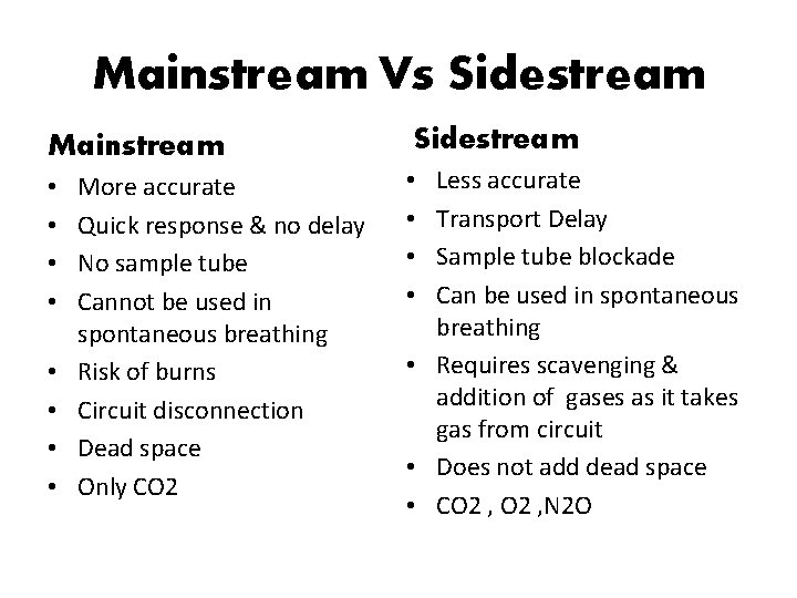 Mainstream Vs Sidestream Mainstream • • More accurate Quick response & no delay No