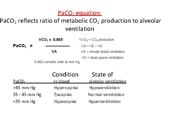 Pa. CO 2 equation: Pa. CO 2 reflects ratio of metabolic CO 2 production