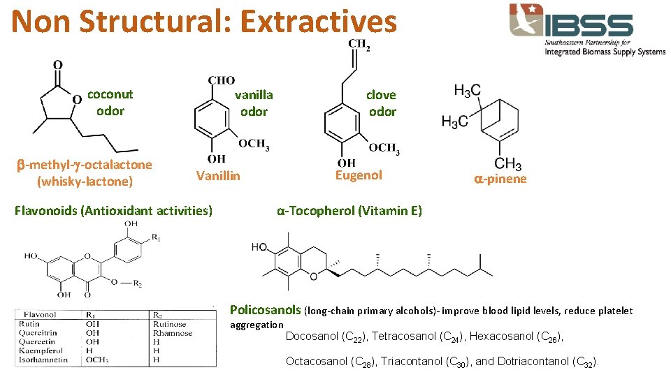 Non Structural: Extractives coconut odor b-methyl-g-octalactone (whisky-lactone) vanilla odor clove odor Eugenol Vanillin Flavonoids