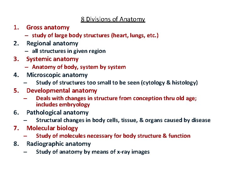 1. 2. 3. 4. 5. 6. 7. 8. Gross anatomy 8 Divisions of Anatomy