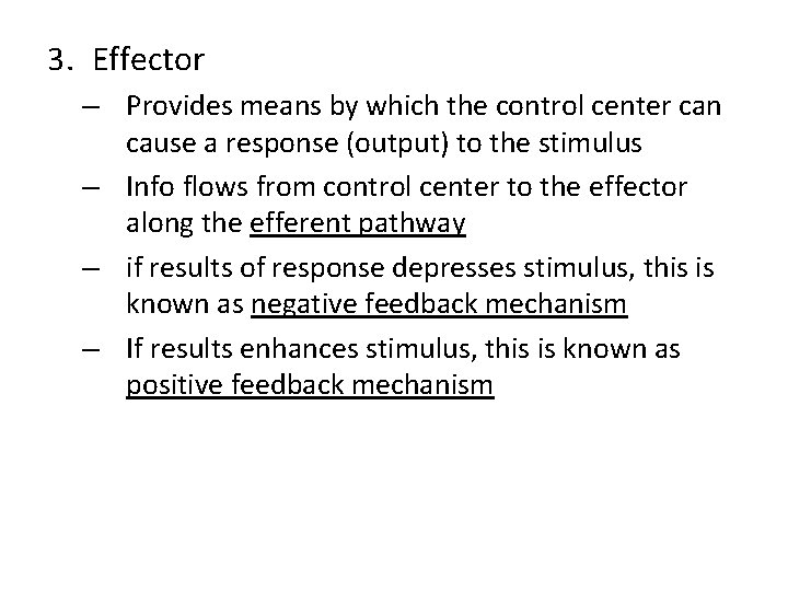 3. Effector – Provides means by which the control center can cause a response 3. Effector – Provides means by which the control center can cause a response