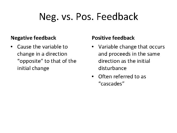 Neg. vs. Pos. Feedback Negative feedback Positive feedback • Cause the variable to change Neg. vs. Pos. Feedback Negative feedback Positive feedback • Cause the variable to change