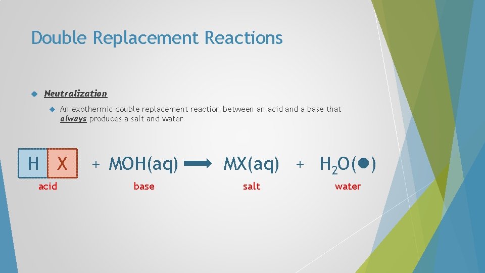 Double Replacement Reactions Neutralization An exothermic double replacement reaction between an acid and a