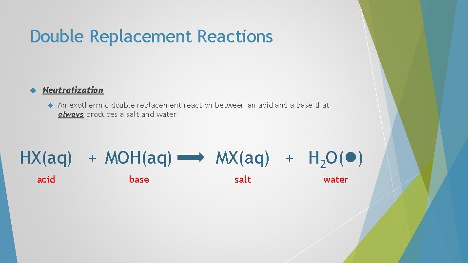 Double Replacement Reactions Neutralization An exothermic double replacement reaction between an acid and a