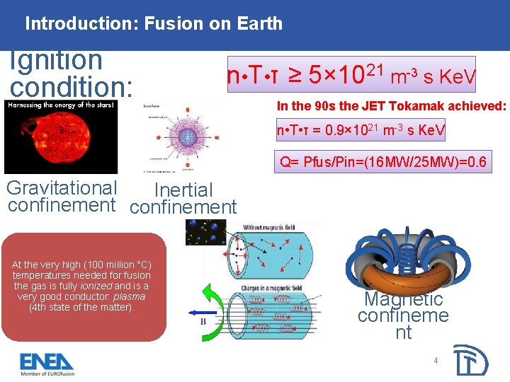 Introduction: Fusion on Earth Ignition condition: n • T • τ ≥ 5× 1021