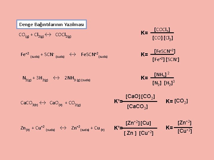 Denge Bağıntılarının Yazılması K= CO(g) + Cl 2(g) ↔ COCl 2(g) Fe+2 (suda) +