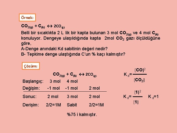 Örnek: CO 2(g) + C(k) ↔ 2 CO(g) Belli bir sıcaklıkta 2 L lik