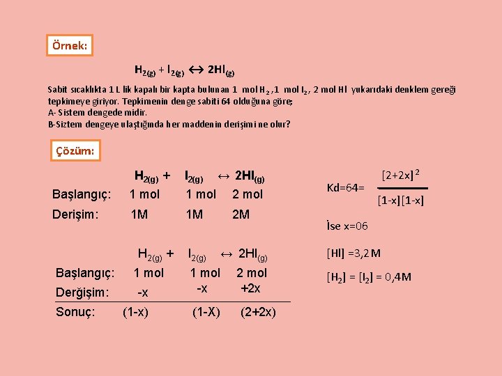 Örnek: H 2(g) + l 2(g) ↔ 2 Hl(g) Sabit sıcaklıkta 1 L lik