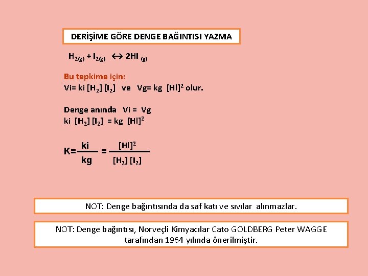 DERİŞİME GÖRE DENGE BAĞINTISI YAZMA H 2(g) + I 2(g) ↔ 2 HI (g)