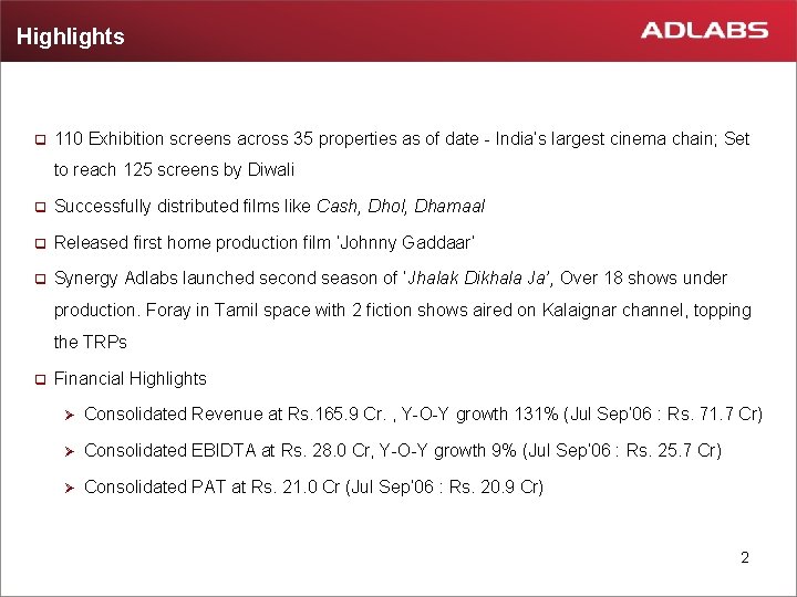 Highlights q 110 Exhibition screens across 35 properties as of date - India’s largest