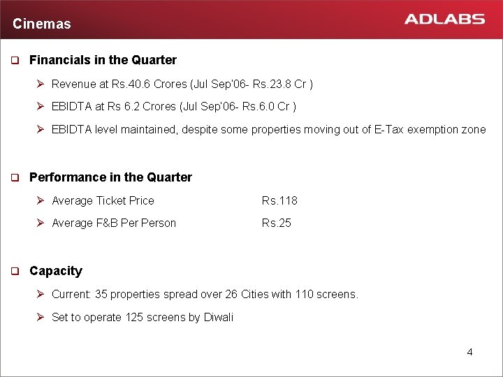 Cinemas q Financials in the Quarter Ø Revenue at Rs. 40. 6 Crores (Jul